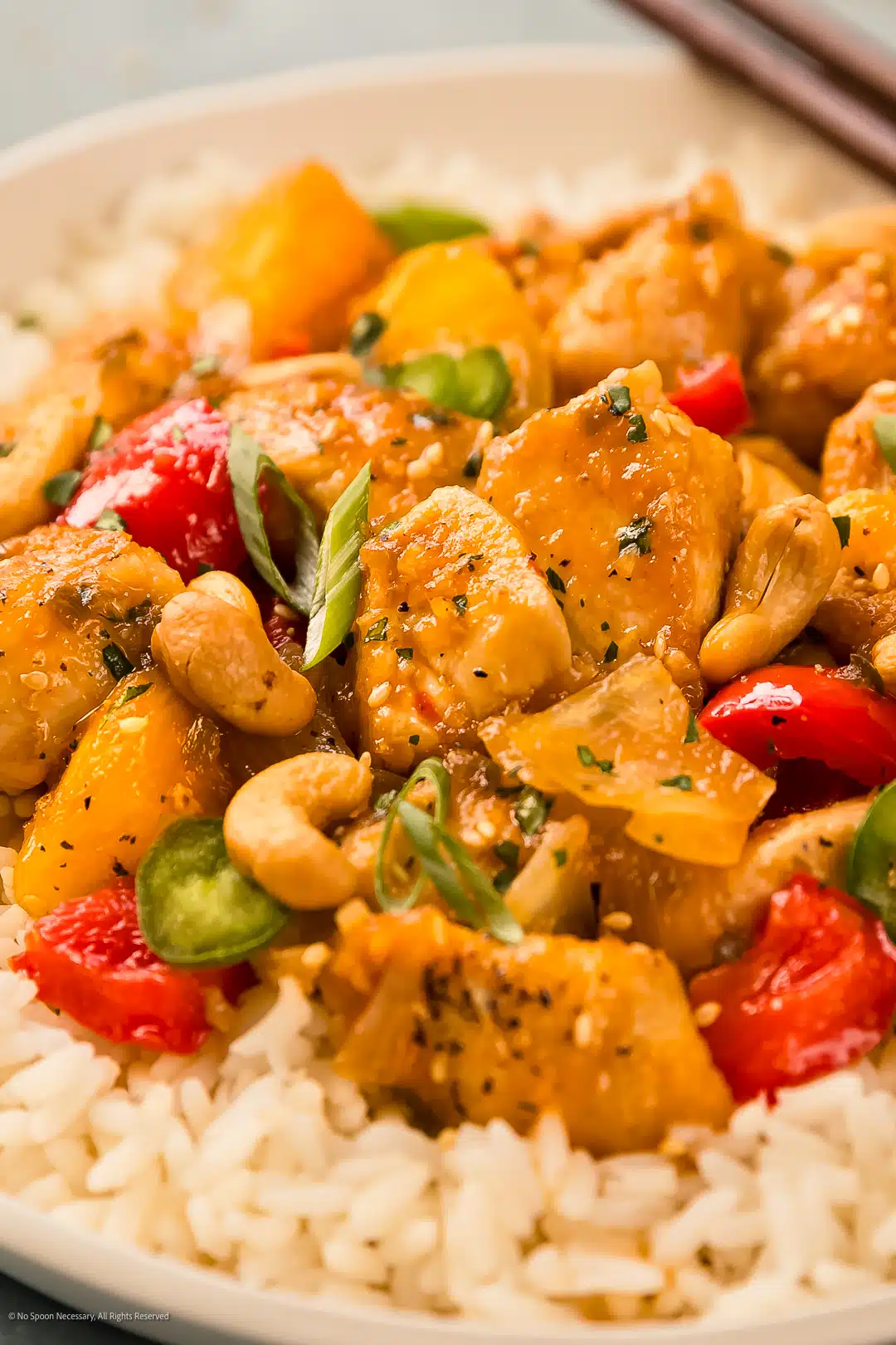 Close-up, angled photo of chicken apricot served over rice.