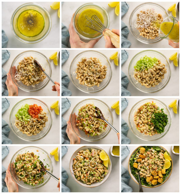 Overhead photo collage of how to make bean and vegetable salad with step by step with written instructions on each step.