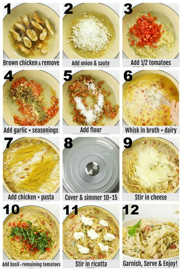 Overhead photo collage of how to make chicken margherita pasta step by step with written instructions on each step.