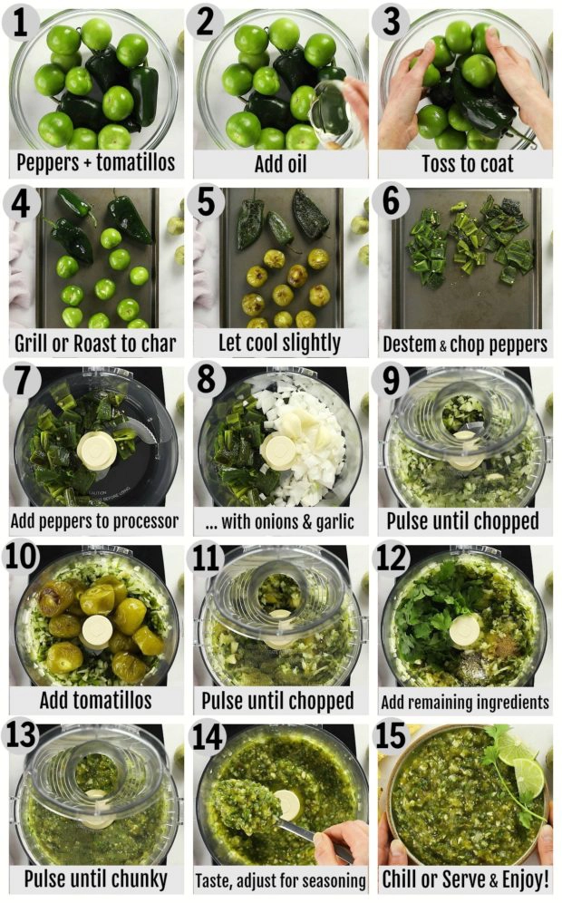 Overhead photo collage of how to make tomatillo verde salsa step by step with written instructions on each step.
