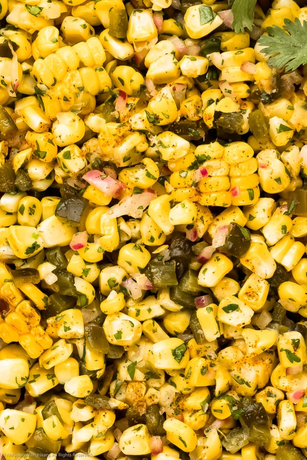 Overhead, extreme close-up photo of homemade corn salsa with peppers and onions.