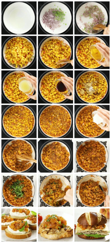 Overhead photo collage of how to make fruit chutney step by step with written instructions on each photo.