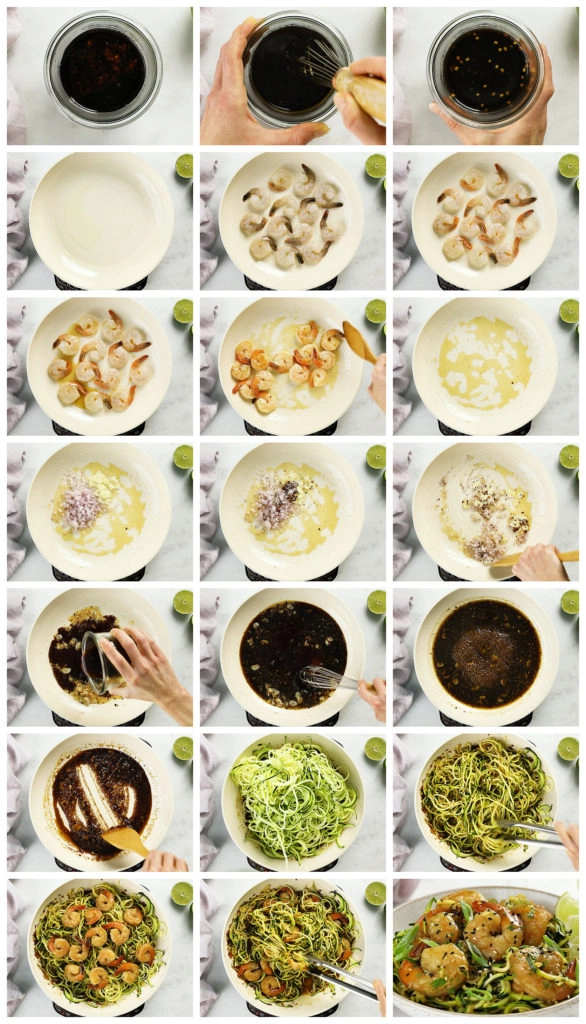 Overhead photo collage of how to make vegetable noodle stir fry with shrimp step by step with written instructions on each step.