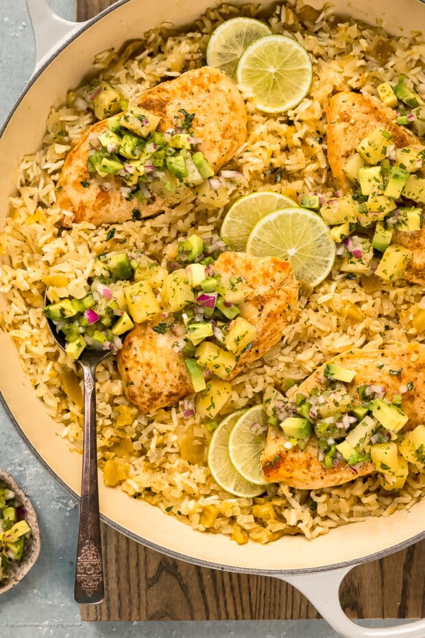 Close-up photo of cooked chicken and rice with cumin seasoning and pineapple salsa.
