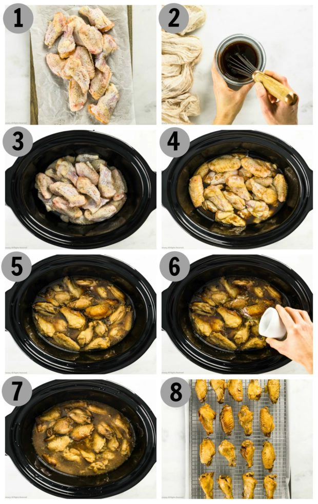 Overhead photo collage of how to make Chinese chicken wings recipe in the crockpot step by step with written instructions on each step.