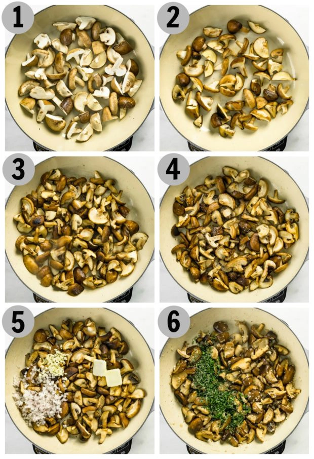 Overhead photo collage of step by step how to make sauteed mushrooms.