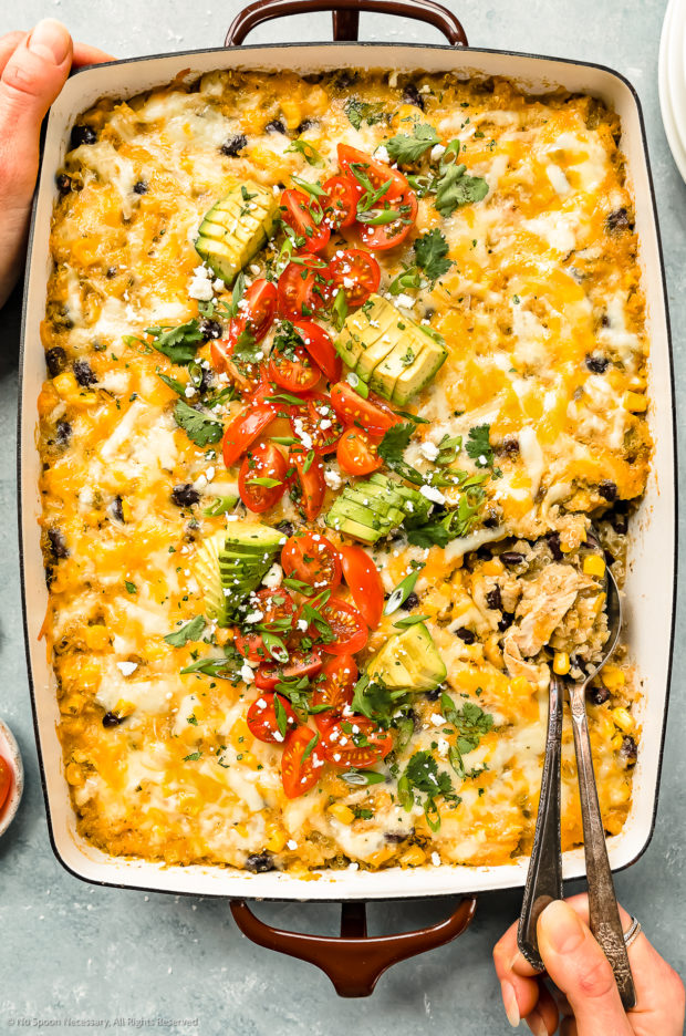 Overhead photo of a baked shredded chicken casserole topped with two types of cheeses, tomatoes, avocado and cilantro with a spoon scooping out a serving of casserole. 