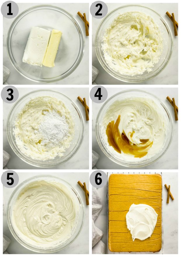 Overhead photo collage of how to make frosting for pumpkin cake step by step.