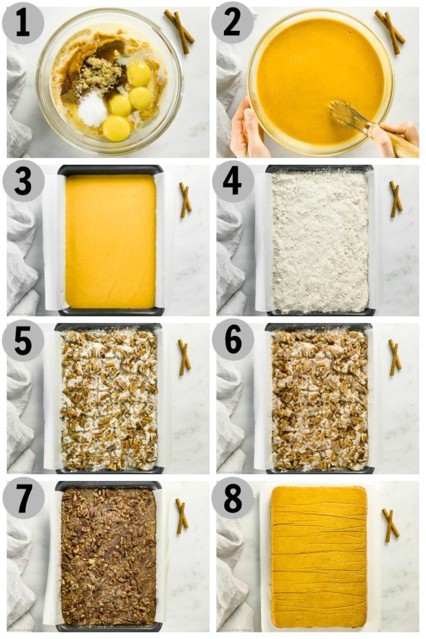 Overhead photo collage of how to make pumpkin cake step by step.