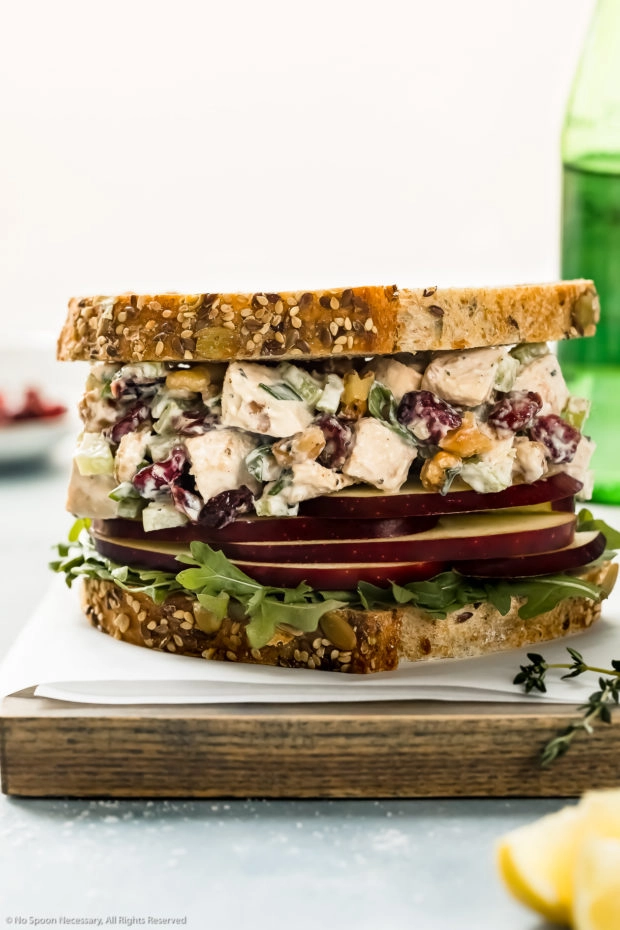 Straight on photo of a creamy cranberry chicken salad sandwich on a wood board with a green glass jar of water and ramekin of dried cranberries blurred behind the sandwich.