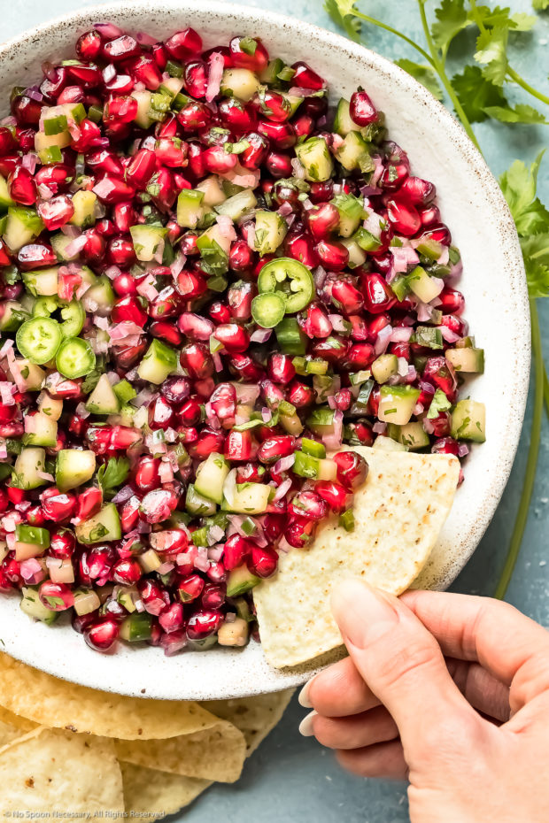Overhead up-close photo of Pomegranate Cucumber Salsa in a white bowl with hand holding a tortilla chip dipping salsa out of the bowl.