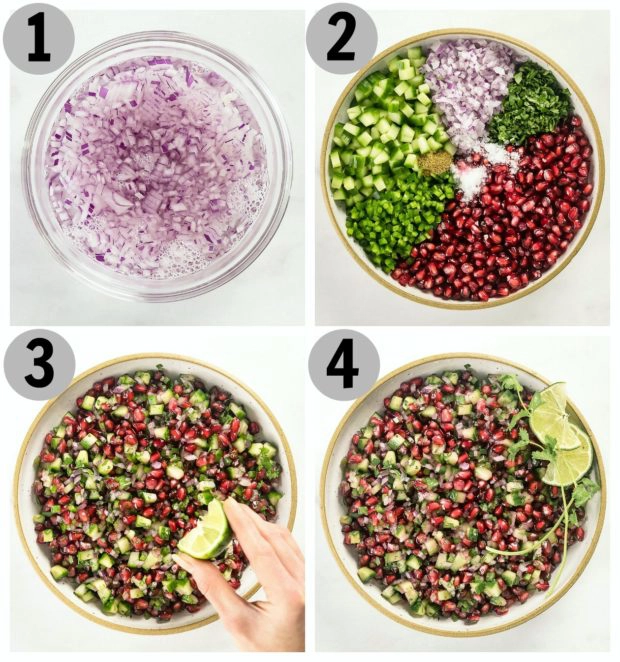 Overhead photo collage showing how to make pomegranate cucumber salsa step by step.
