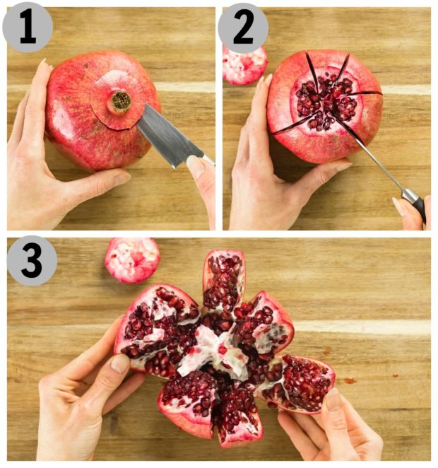 Overhead photo collage showing how to cut open a pomegranate step by step.