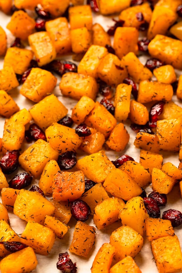 Close up photo of roasted butternut squash for salad.