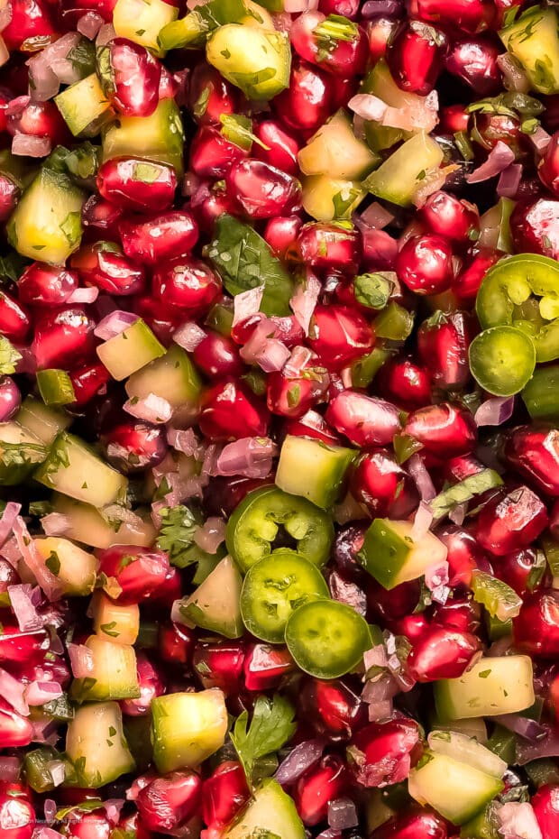 Close-up photo of the refreshing texture of salsa with pomegranate arils and cucumbers. 