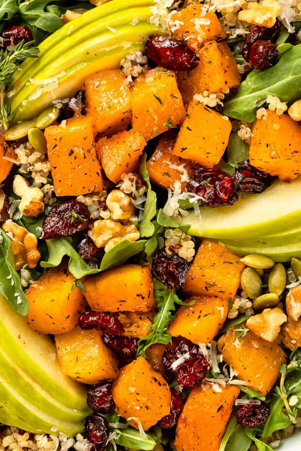 Close-up photo of roasted butternut squash salad.