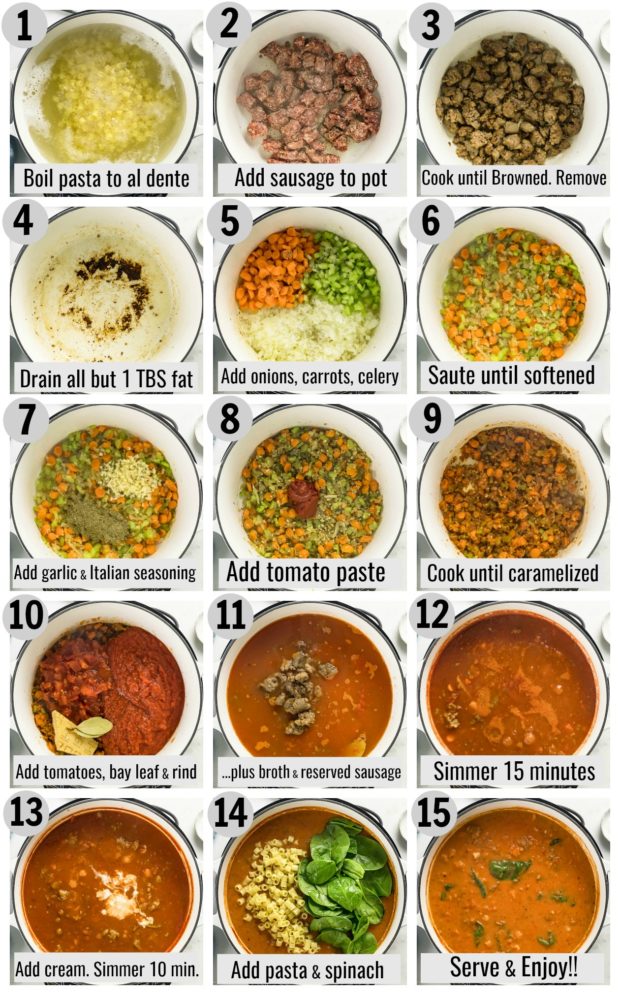 Overhead photo collage of how to make Italian Sausage soup step by step.