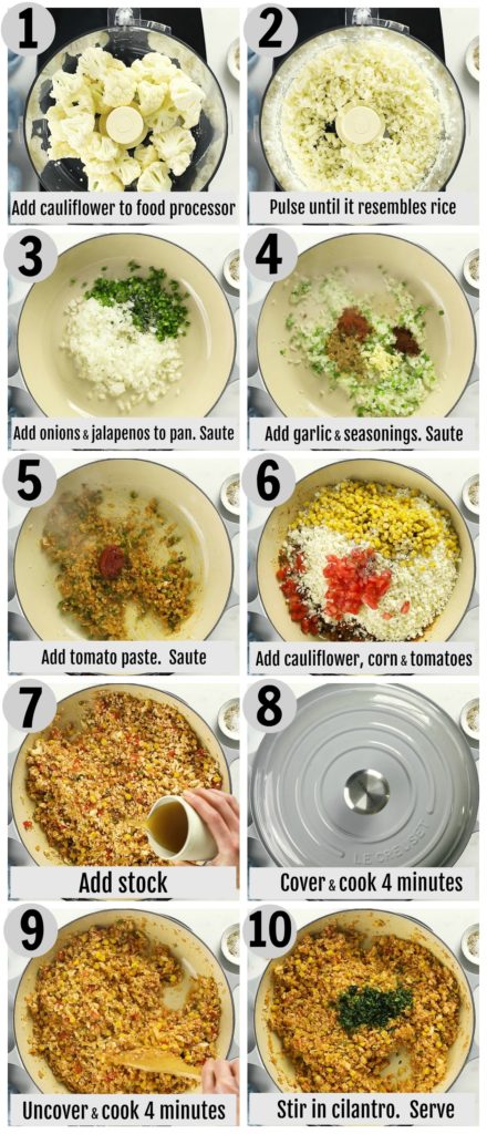 Overhead photo collage of how to make Mexican cauliflower rice step by step with written instructions on each step.