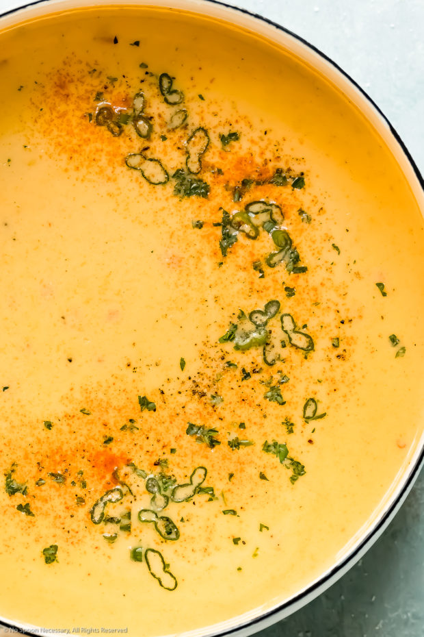 Overhead up-close photo of cheddar beer soup garnished with smoked paprika and sliced scallions in a white saucepan.