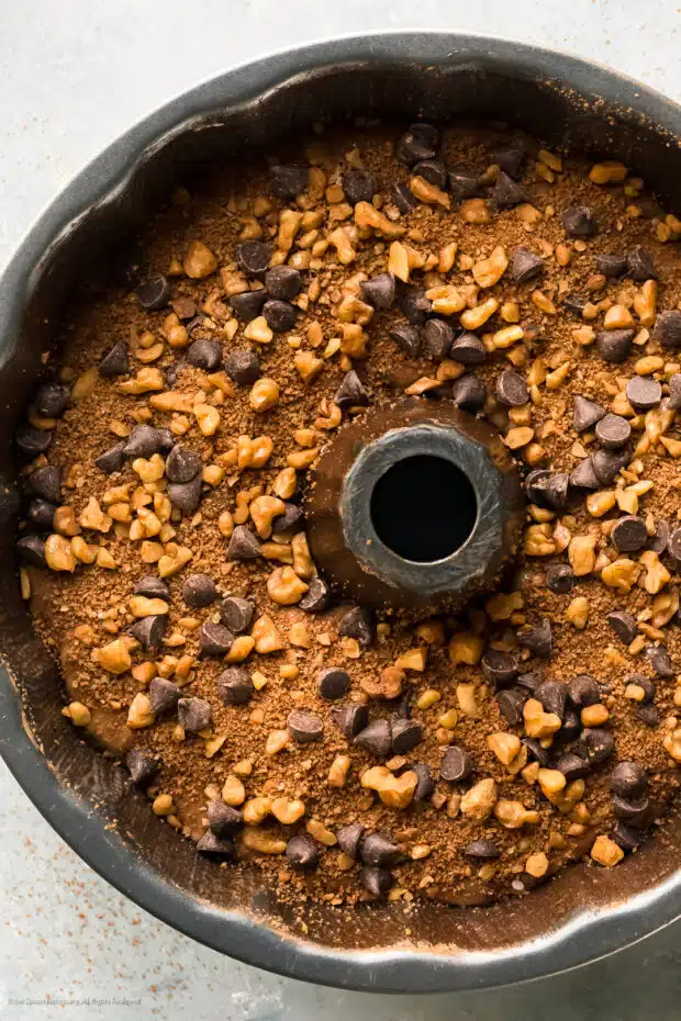 Overhead photo of chocolate cake batter with chocolate chips in a bundt pan.