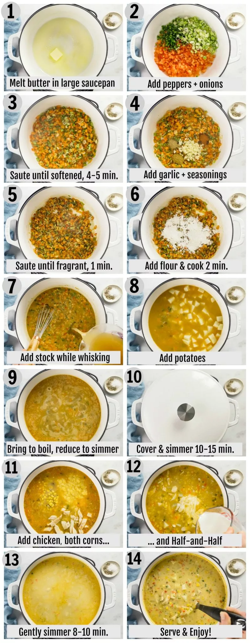 Overhead photo collage of how to make chicken corn chowder recipe step by step with written instructions on each step.