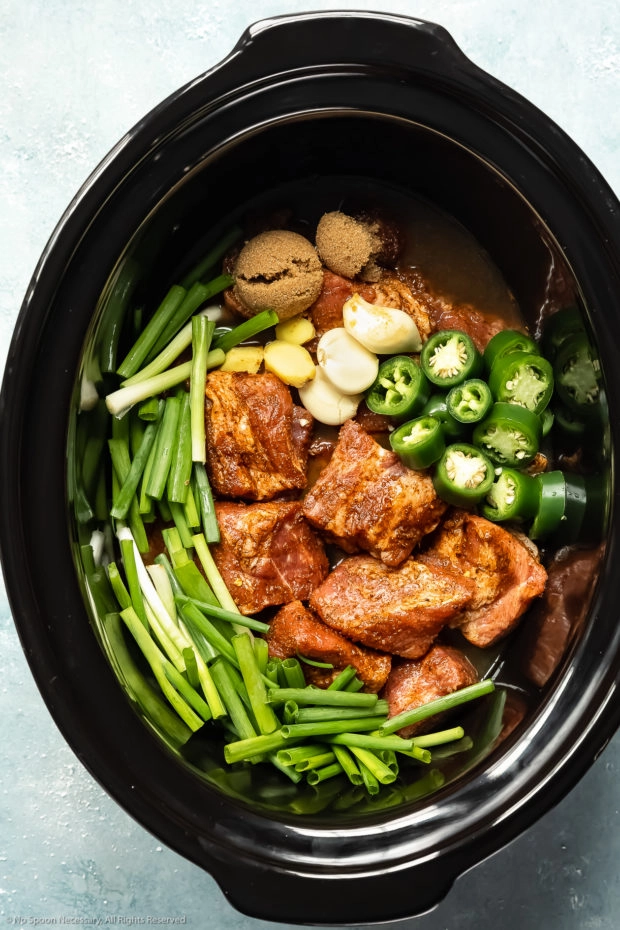 Overhead photo of a slow cooker insert filled with all the ingredients needed to make Jamaican Jerk Pork before cooking.
