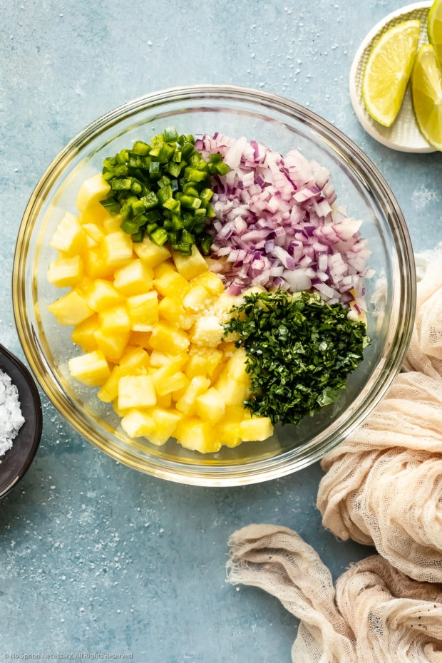 Overhead photo of all the ingredients needed to make pineapple salsa in a glass mixing bowl with ramekins of sea salt and lime wedges next to the bowl.
