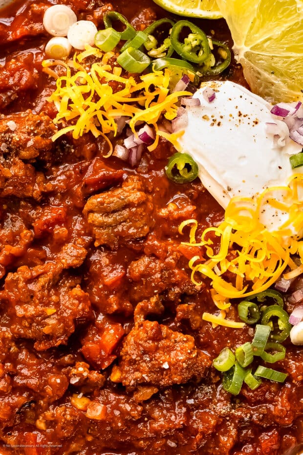 Close-up photo of Texas chili no bean.