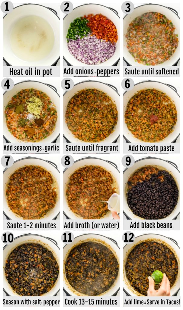 Overhead photo collage of how to make black bean tacos step by step with written instructions on each step.