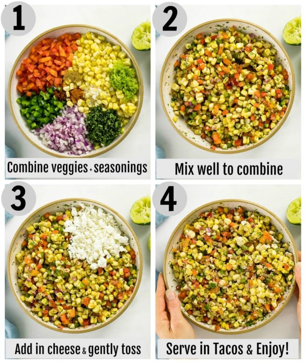 Step-by-step photo collage showing how to make corn salsa for vegetarian taco recipe.