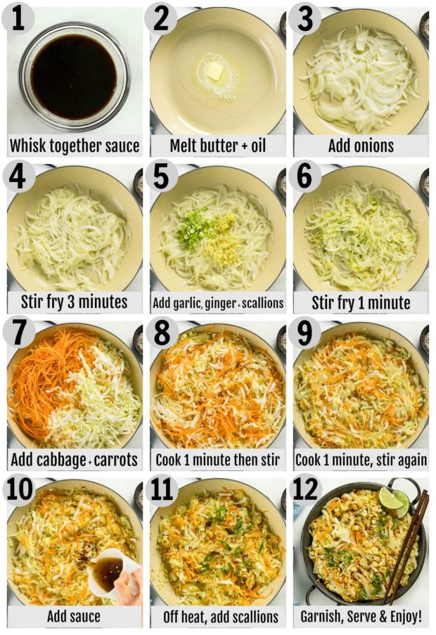 Overhead photo collage of how to make stir fried cabbage step by step with written instructions on each step.
