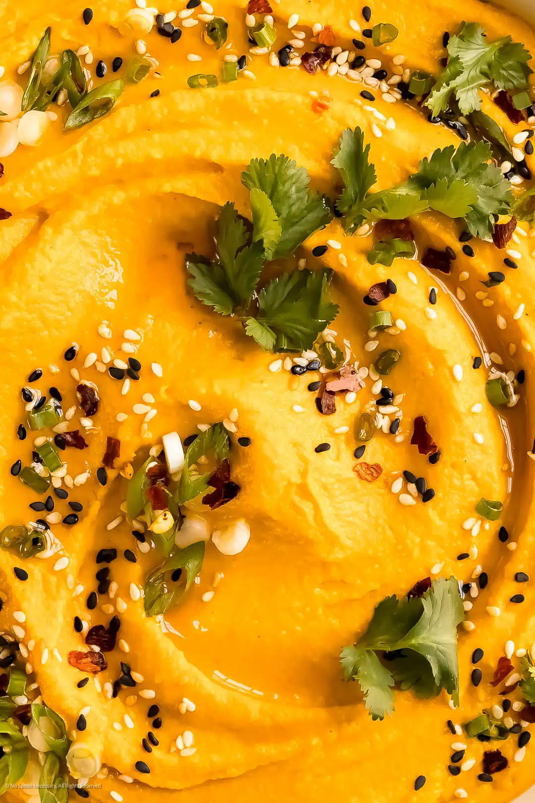 Close-up photo showcasing the rich and creamy texture of hummus made with carrots and tahini.