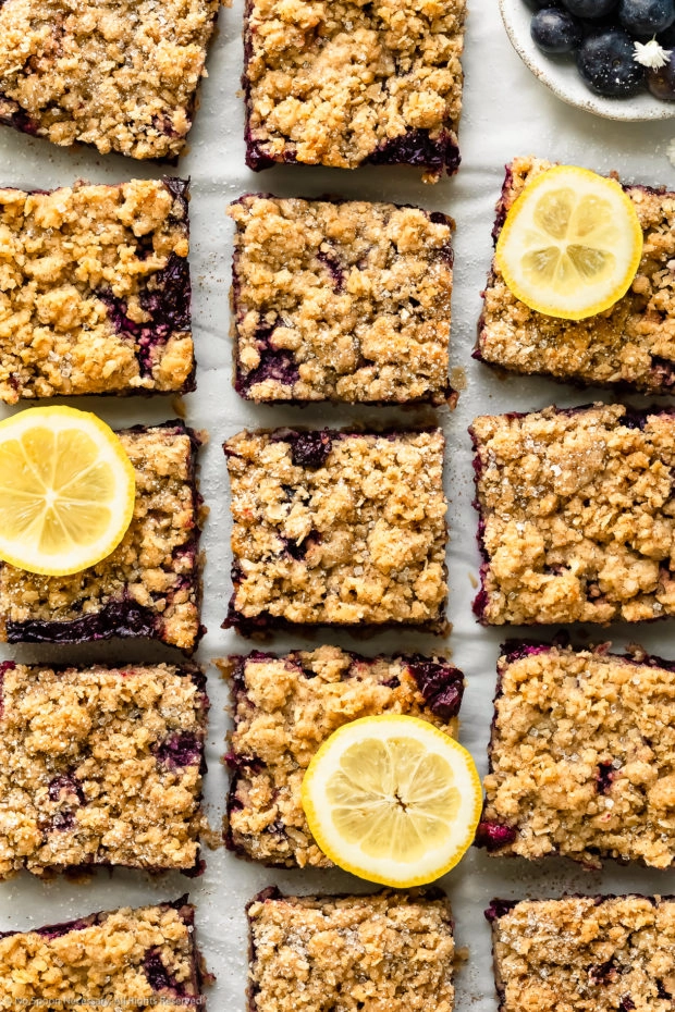 Overhead photo of Blueberry Bars with streusel cut into squares, sprinkled with powdered sugar and garnished with a couple slices of fresh lemon on a piece of white parchment paper.