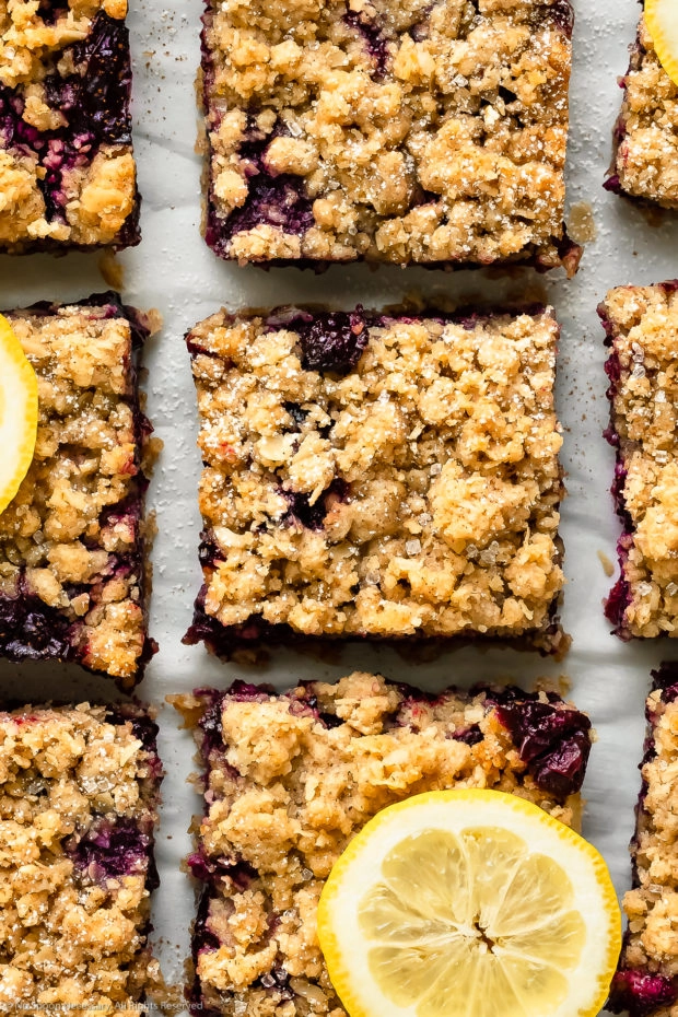 Overhead close-up photo of Blueberry bars cut into squares and garnished with lemon slices.