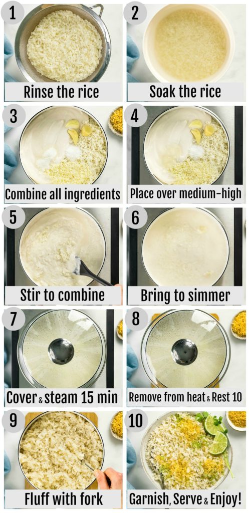 Overhead photo collage of how to make coconut milk rice step by step with written instructions on each step.