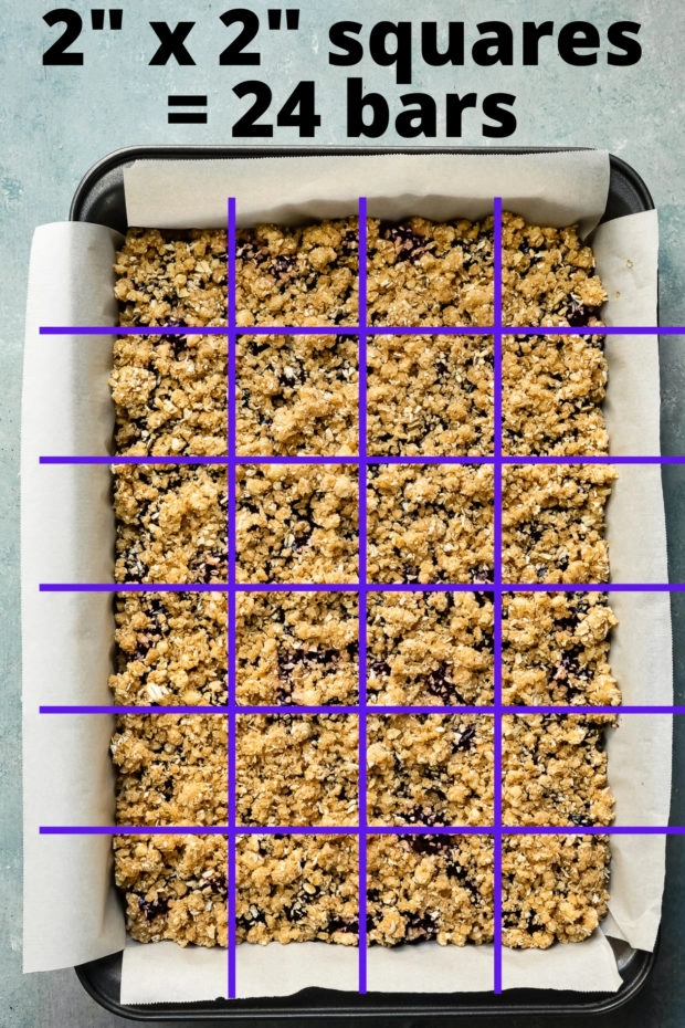 Overhead photo showing how to cut a 9x13-inch dessert into perfect squares.