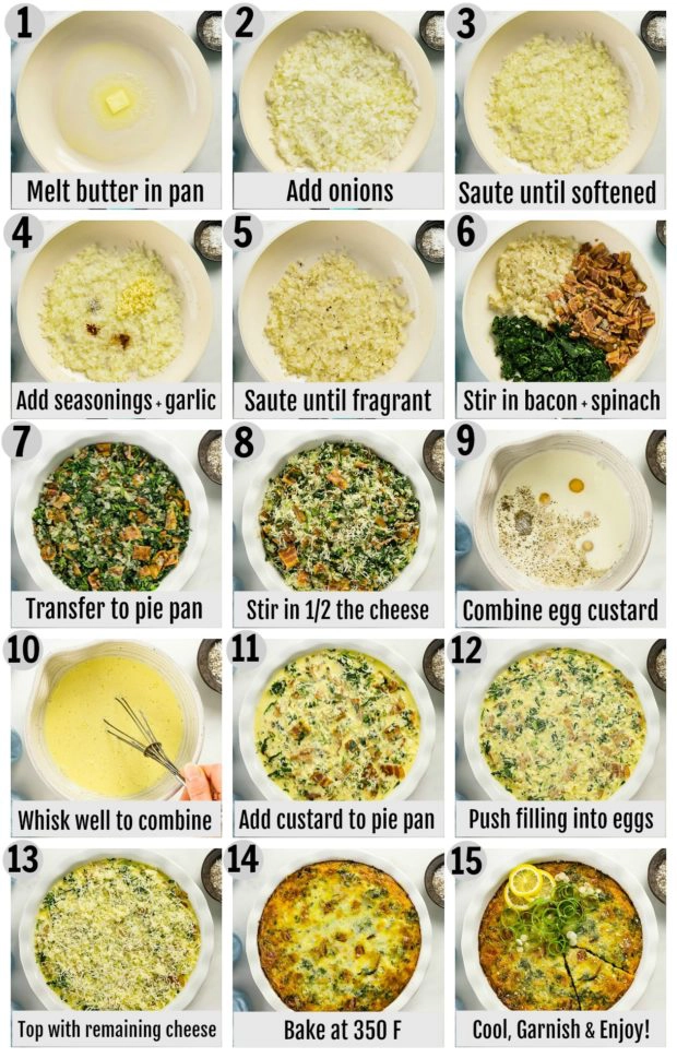 Overhead photo collage of how to make a crustless quiche step by step with written instructions on each step.