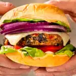 Straight-on, up close photo of two hands holding a veggie black bean burger topped with cheese, lettuce, tomato and onion.