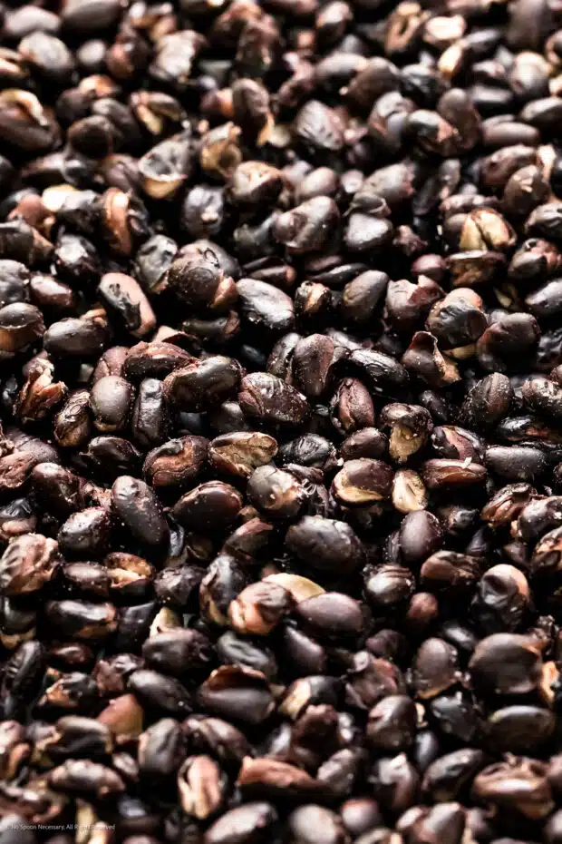 Close-up photo of a pile of oven-dried black beans.