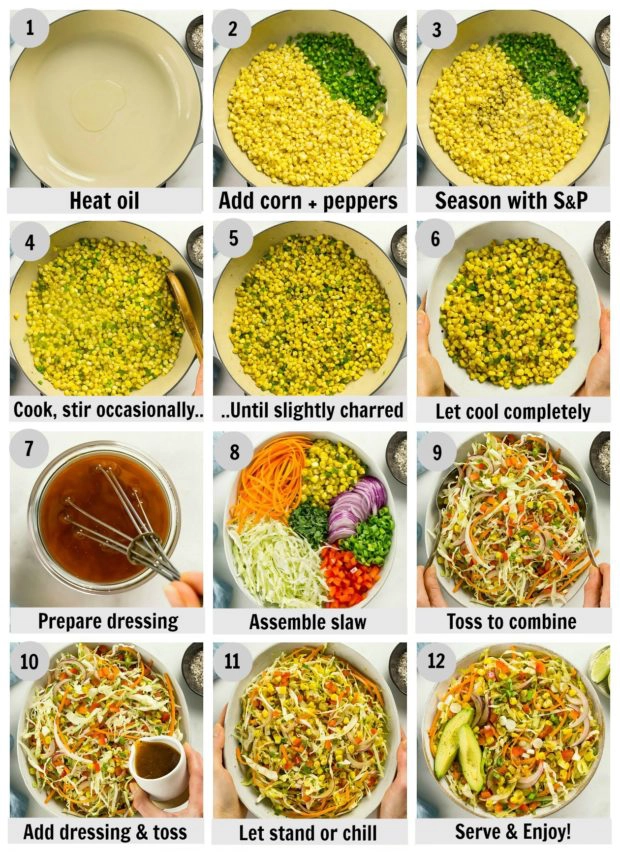 Overhead photo collage of how to make Mexican coleslaw step by step with written instructions on each step.
