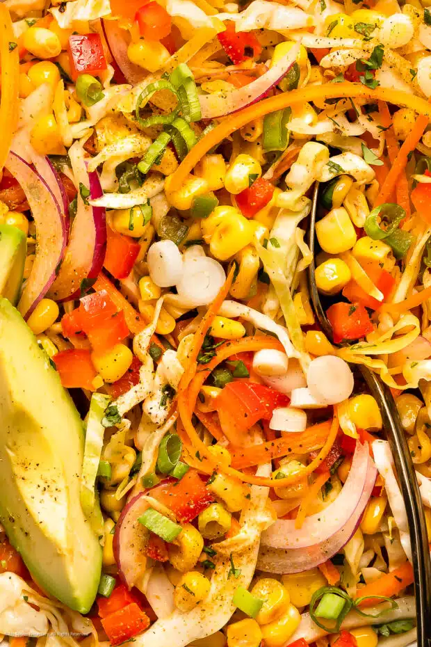 Close-up photo showing the crisp texture of Mexican coleslaw recipe.