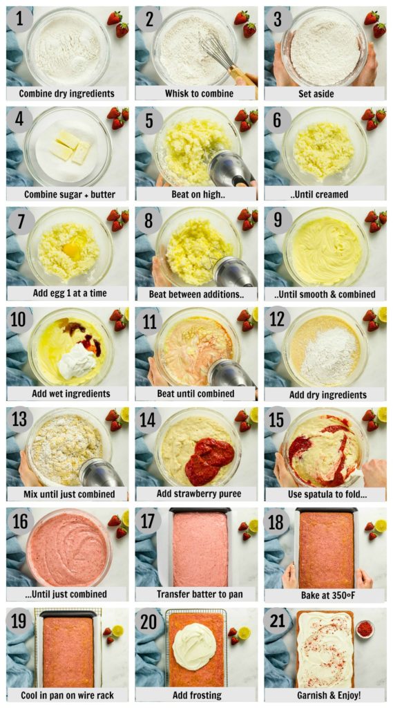 Step-by-step photo collage showing how to make a strawberry cake from scratch with written instructions on each step.