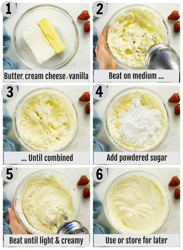 Overhead photo collage of how to make cream cheese frosting step by step with written instructions on each step.