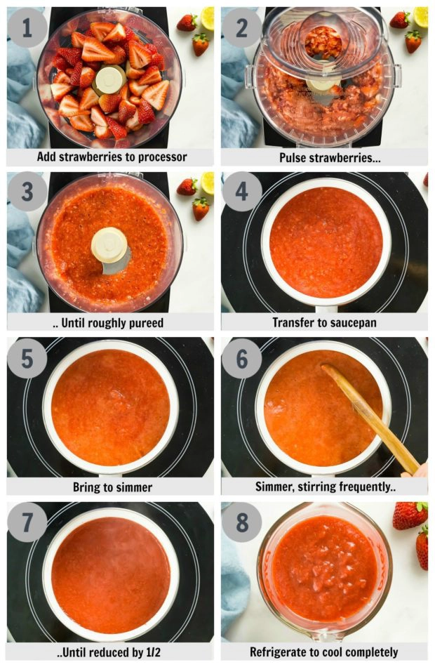 Step-by-step photo collage showing how to make a puree out of fresh strawberries with written instructions on each step.