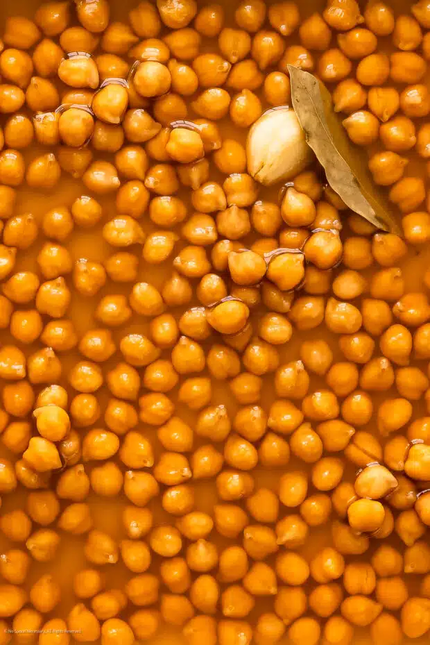 Extreme close-up photo of tender, perfectly home cooked garbanzo beans.