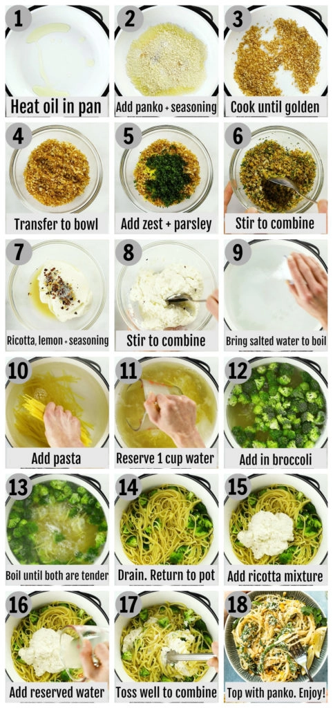 Overhead photo collage of how to make creamy broccoli pasta step by step with written instructions on each step.