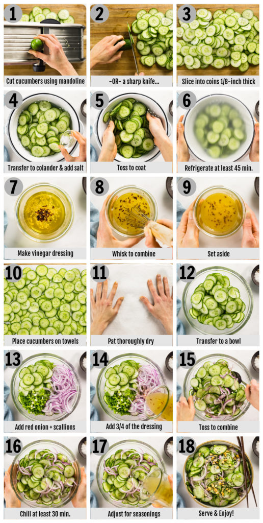 Overhead photo collage of how to make Asian cucumber salad step by step with written instructions on each step.