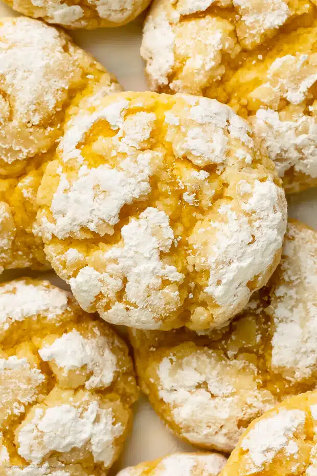 Close-up photo showing the soft texture of a lemon cake mix cookie.