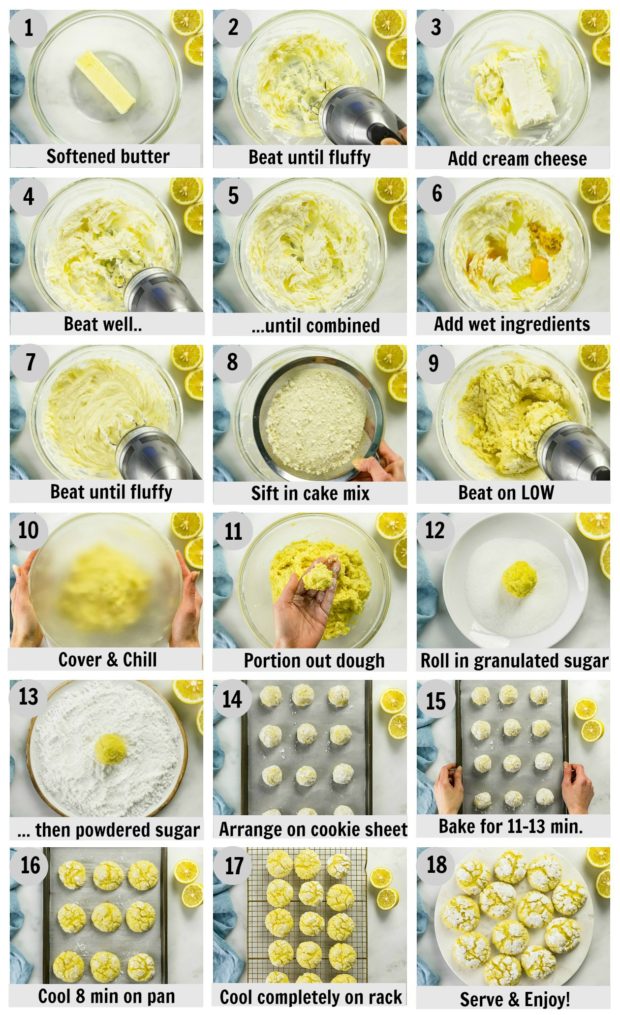 Overhead photo collage of how to make lemon cookies step by step with written instructions on each step.