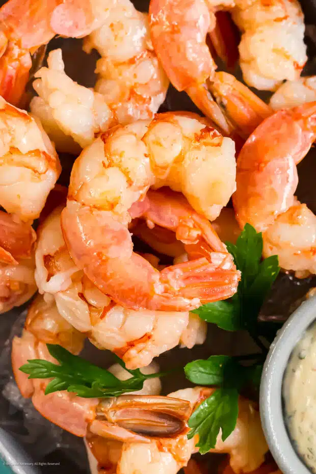 Close-up photo of a plump poached shrimp for shrimp cocktail.